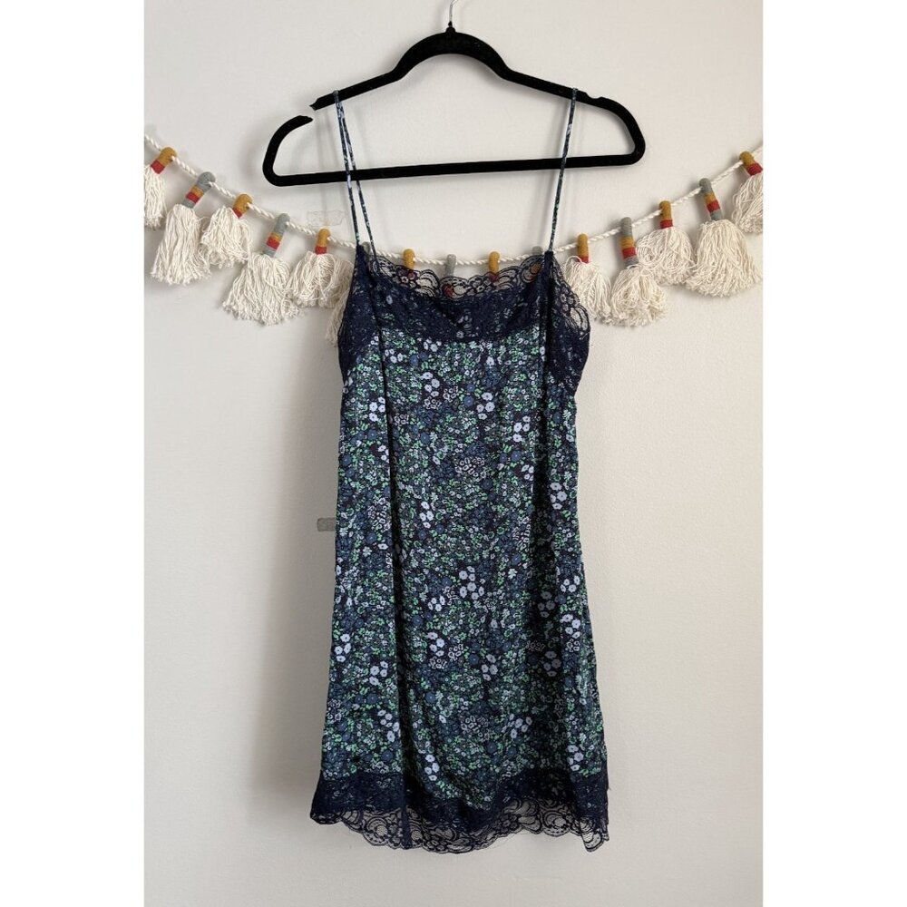 aerie Navy Floral Lace Trim Mini Slip dress